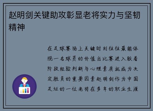 赵明剑关键助攻彰显老将实力与坚韧精神